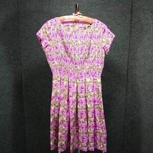1950's Vintage Taupe Fuchsia Floral Circle Dress with Matching Belt by Toni Hunt